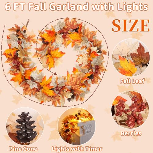 Fall Decor 6FT Lighted Fall Garland with Lights & Timer, Full Autumn Light Up Fall Leaf Mantle Garland with Pumpkin Berries Pinecone, Indoor Fall Thanksgiving Decorations for Home Fireplace Porch Door - Image 2