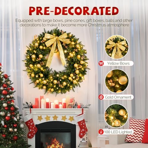 VINGLI 36 Inch Prelit Christmas Wreath Front Door Decor Plug in LED - Image 2