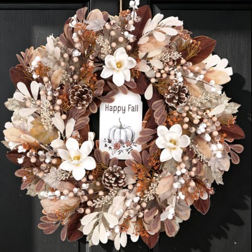 24 Inch Fall Wreath Magnolia Pinecones Farmhouse for Front Door by CIROASES