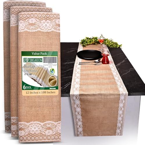 Burlap Lace Table Runner (Pack of 6) – 12”x 108” - No-Fray Finished Edge Natural Table Runner – No Odor, Eco-Friendly Burlap Runner - Perfect for Christmas, Wedding, Thanksgiving by Fibeusion