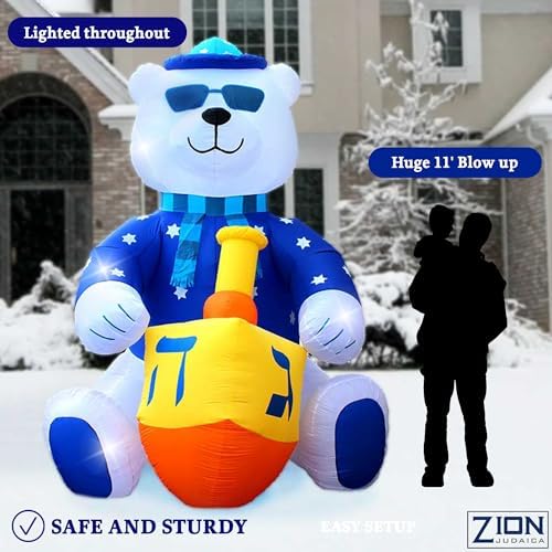 Jumbo 11' ft Hanukkah Inflatable Yard Decoration Lighted Chanukah Themed Bear Blowup Indoor and Outdoor Holiday Decorations LED Glowing with Air Blower, Tie-Down Stakes Chanukah Décor By Zion Judaica - Image 2
