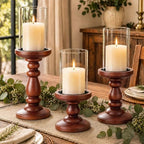 Candeldo Wooden Hurricane Candle Holders Pillar: Mid Century Modern Brown by CANDELDO