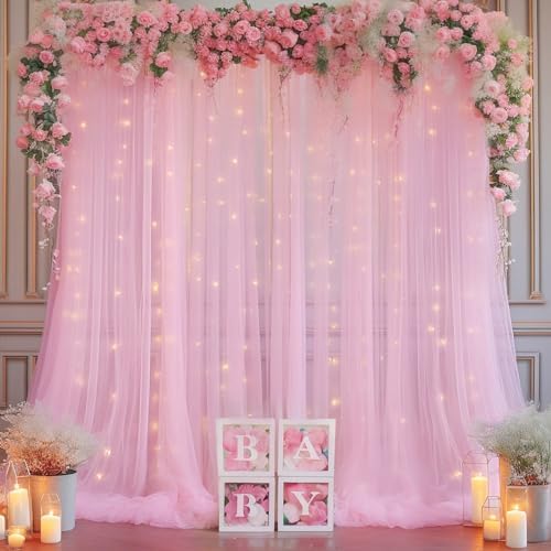 10x10ft Pink Tulle Backdrop Curtain with Lights String for Parites, Sheer Backdrop Drapes for Baby Shower Wedding Birthday Party Photo Shoot Decorations - Image 5