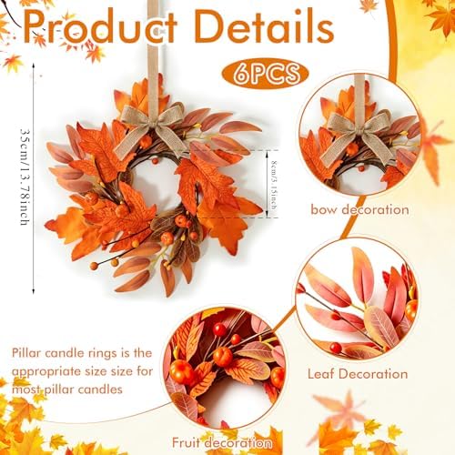 6 PCS Mini Fall Wreaths for Kitchen Cabinet 9 Inch Fall Maple Leaf Wreath for Front Door Small Autumn Hanging Wreath Thanksgiving Candle Ring for Farmhouse Home Porch Wall Window Table Decoration - Image 3