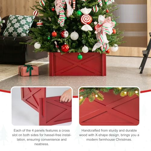 Glitzhome Christmas Tree Collar, 27.5" L Farmhouse Handcrafted Wooden Tree Collar Tree Base Cover Christmas Tree Skirt Collar, Red - Image 5