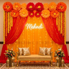 Indian Pooja Backdrop Decoration Set, Diwali Backdrop 4 Orange Red Tulle Drapes and 12 Paper Flowers, Mehndi Home Decorations for Varalakshmi, Haldi, Puja, Festival Decor - Image 5