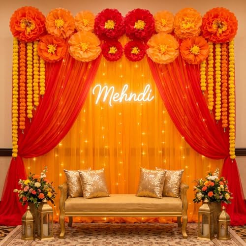 Indian Pooja Backdrop Decoration Set, Diwali Backdrop 4 Orange Red Tulle Drapes and 12 Paper Flowers, Mehndi Home Decorations for Varalakshmi, Haldi, Puja, Festival Decor - Image 5