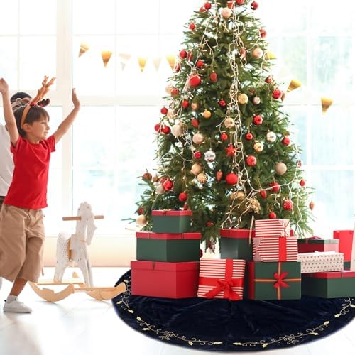 72inch Extra Large Christmas Tree Skirt Navy Blue Luxury Velvet Plush Skirts with Gold Embroidery Xmas Velvet Tree Skirt Holly Leaves Gold Embroidered Trees Skirts for Christmas Holiday Party Decor - Image 6