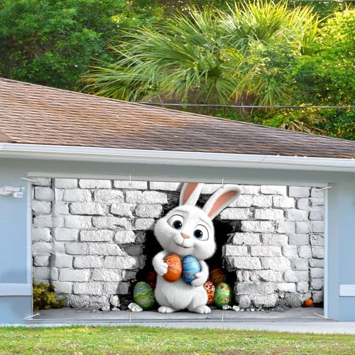 13x6 ft Cute Easter Bunny Peeking Garage Door Banner - Whimsical Rabbit Behind Brick Wall with Eggs Backdrop, Hanging Spring Decor for Outdoor Wall Sign - Image 3