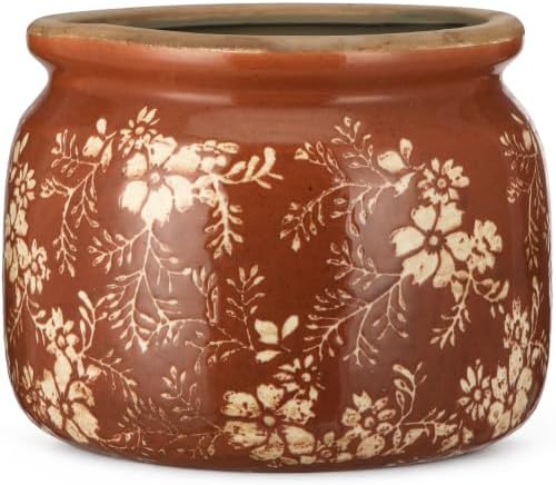 7.7" Large Ceramic Plant Pot Orange Farmhouse Wildflower Crackle Glaze Rustic Flowers Pot Decorative Planter with Drainage for Indoor Outdoor Plants Home Kitchen Office Decor Gift by Unknown