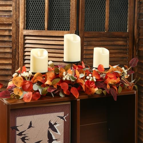 28" Fall Candle Holder Dining Table Centerpieces with Orange Eucalyptus - Image 3