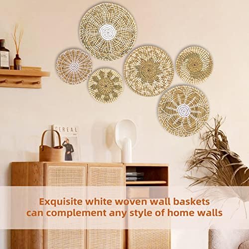 Boho Wall Basket Decor Set of 6 - Hanging Woven Basket Wall Decor, Handcrafted Round Flat Seagrass Baskets Wall Art, for Rustic、Farmhouse、Home - Unique Wicker Wall Basket Decor （White Classic） - Image 4