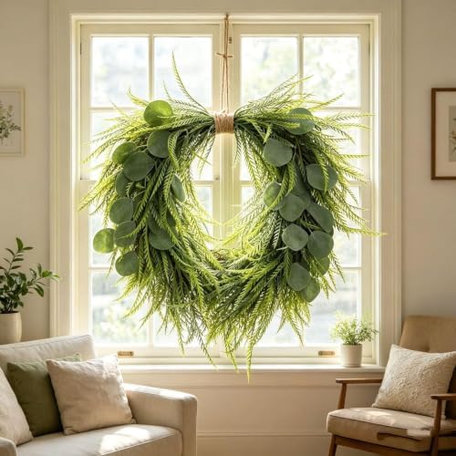 Artificial Wreath for Front Door, Faux Saw Grass Fake Eucalyptu Greenery Hanging Heart Shaped Wreath for Wall, Farmhouse, Window, Home Decor - Image 7
