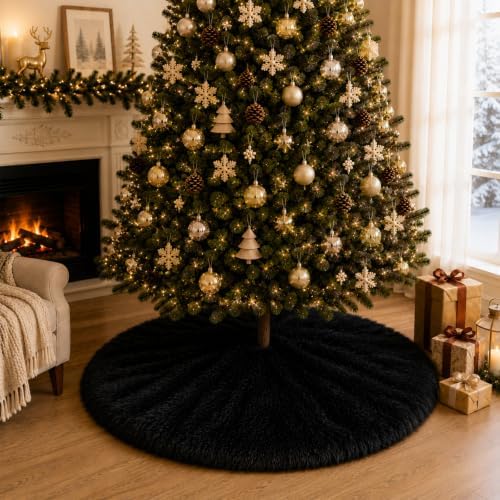 60 Inch Christmas Tree Skirt - Fluffy Faux Fur Black Tree Skirt, Black Plush Xmas Holiday Decor for Parties, Small Round Tree Skirt - Image 6