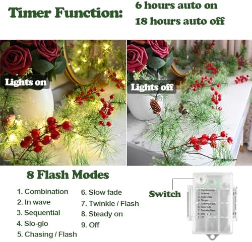 Christmas Garlands Lights 9.84FT 40 LED Smokey Pine Garlands with Lights Battery Operated Pine Cone Garland with Red Berry Bells Green Garland Christmas Decoration for Home Xmas Holiday Indoor Outdoor - Image 3
