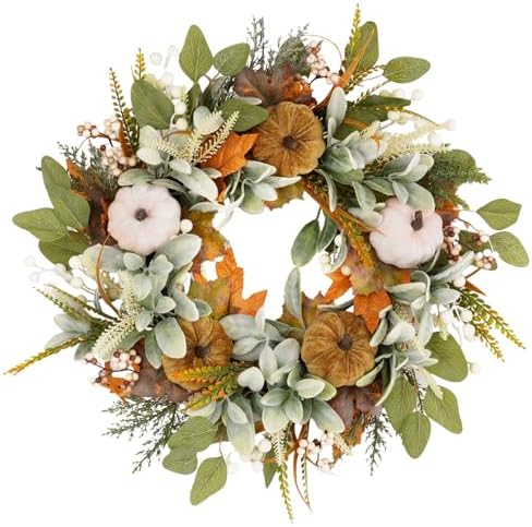 22 inch Fall Wreaths for Front Door, with Artificial Eucalyptus 5 Large Velvet Pumpkin Porch for Home Autumn Thanksgiving Farmhouse Holiday Outdoor Decor by FJAKA