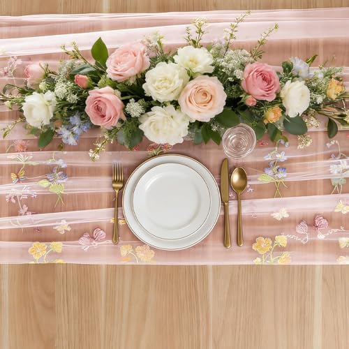 BINBE 6pcs Pink Florals Table Runner Embroidery Gauze 10FT Daisy Seasonal Tulle Birthday Wedding Holiday Kitchen Dining Table Decor for Home Party - Image 4