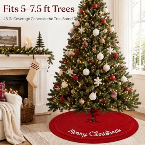 Junkin 48 Inch Christmas Tree Skirt Burgundy Cable Knitted Tree Skirt - Image 2