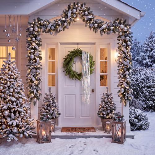 Norme 24 Inch Christmas Pine Wreath for Front Door,Silver Tinsel Tassel - Image 5