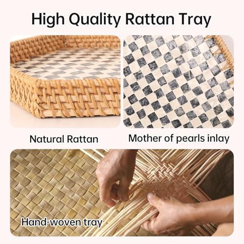 Hexagon Rattan Tray with Mother of Pearl Inlay, Rattan Serving Tray for Coffee, Bread, Fruits, Snacks, Decorative Wicker Tray for Table Decor, Home Decor (Black Checker, 14.5"×12.8") - Image 5