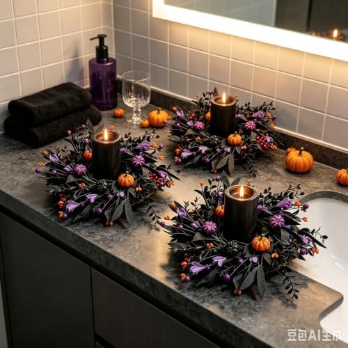 6 Pcs Halloween Mini Candle Ring Wreaths for Cabinets Small Pillar Candle Holder Wreath with Black Leaves Purple Flowers Orange Purple Berries Mini Pumpkins Glitter Artificial Spooky Gothic Wreaths - Image 4