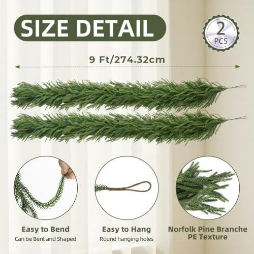 TQRR 2Pcs 9FT Norfolk Pine Garlands, Realistic Greenery Christmas Garland - Image 2