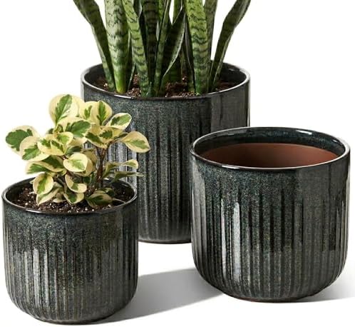 LE TAUCI Ceramic Pots for Plants, 8.3/7/6 Inch Indoor Planters with Drainage Holes & Mesh, Modern Glossy Glaze Cylinder Fluted Plant Pot for Snake Plant, Set of 3, Dark Olive by LETAUCI