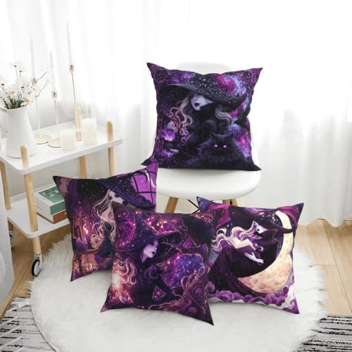 Witch Throw Pillow Covers 18 X 18 Inch Set of 4 Decorative Cushion Cover Home Decor for Sofa Chair Couch Bedroom Living Room - Image 3