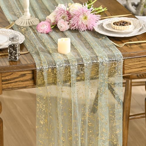 Artoid Mode 6PCS Sage Green Gold Gauze Table Runner 120 Inch 10FT, Glitter Metallic Foil Sheer Dining Wedding Anniversary Holiday Birthday Table Decor for Home Party by ArtoidMode