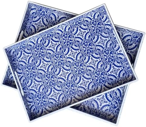 2 Pack Serving Tray with Handles, Rectangular Decorative Trays for Coffee Table, Modern Blue Plastic Ottoman Tray for Living Room, Bathroom, Kitchen, Decor, (Boho Blue) by Umisriro