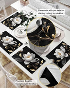 Gorgeous Flowers Placemats Set of 6, White Gold Floral Botanicals Black Woven Placemat Washable Wipeable Table Placemat with Pocket, Holiday Cloth Table Mat for Party Kichen Dinner - Image 2