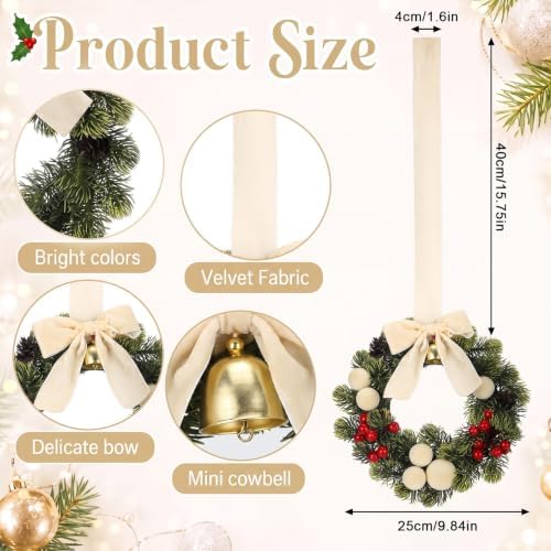 6 Pack Small Christmas Velvet Cabinets Wreaths with Ribbon Bell - Image 2