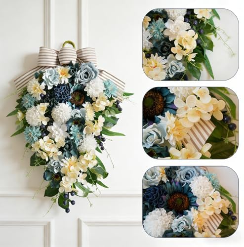 Idyllic 25 Inch Spring Blue Rose Door Hanging Artificial Floral Swag for Front Door Window Porch Stair Railing Spring Holiday Indoor Outdoor Home Decor - Image 4