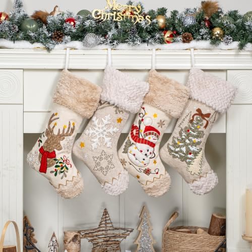 LUBOT 4 Pack Christmas Stockings Set of 4 Large Family Xmas Stocking Embroidered 20" Boho Rustic Country Farmhouse Fireplace Hanging Holiday Decor by LUBOT