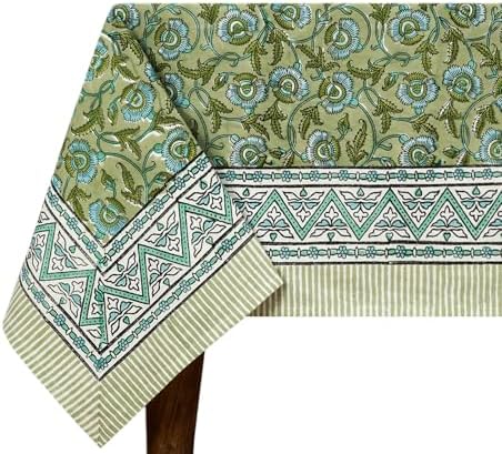 72x72 Inches Square Hand Block Printed Cotton Tablecloth, Green White Floral Table Cloths Washable, Indian Table Linen for Halloween Christmas Outdoor Thanksgiving Gifts Home Decor Dinning Outdoor by HomeSpunCrafts