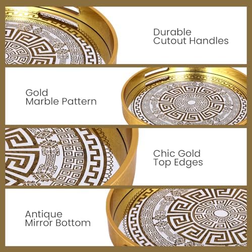 HOME ARCHIVE Round Serving Tray with with Handles Antique Look & Stylish Design Decorative Trays for Kitchen Round Ottoman Tray for Dinning Living Room & Home Decor Pack of 2 (Gold) - Image 4