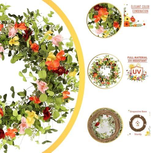 24 Inch Spring Wreath for Front Door, Summer Wildflower Wreath with Colorful Flowers & Eucalyptus, Artificial Year Round for Farmhouse Home Decor Indoor Outdoor - Image 5