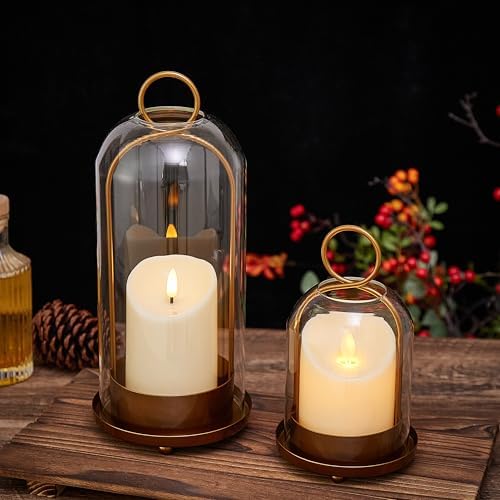 Hurricane Metal & Glass Candle Holder Gold Set of 2, Decorative Candlestick Pillar Candle Holder with Clear Glass for Wedding Party Christmas Holiday Dining Table Centerpiece Lanter - Image 6