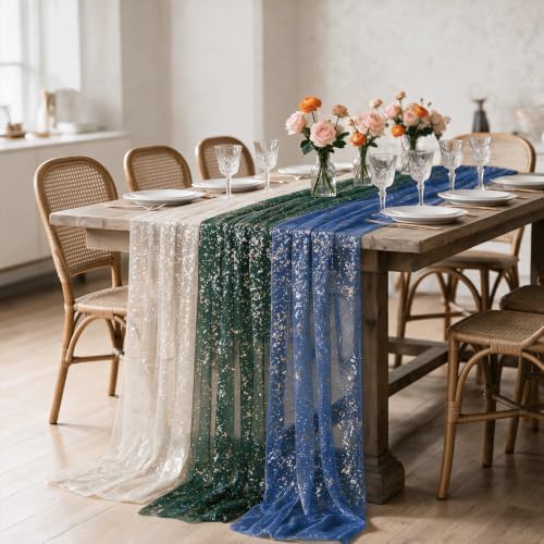 Artoid Mode 6PC Beige Green Blue Gauze Table Runner 120 Inch 10FT, Glitter Metallic Foil Sheer for Wedding Anniversary Holiday Birthday Home Party Decor - Image 7