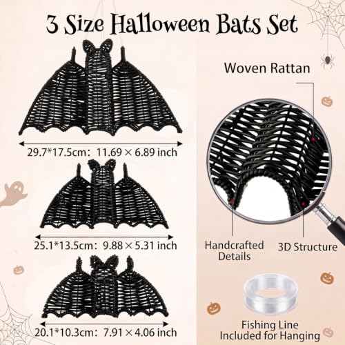 Threehoney 3 Pcs Halloween Hanging Rattan Bat for Indoor Outdoor Home Door - Image 2