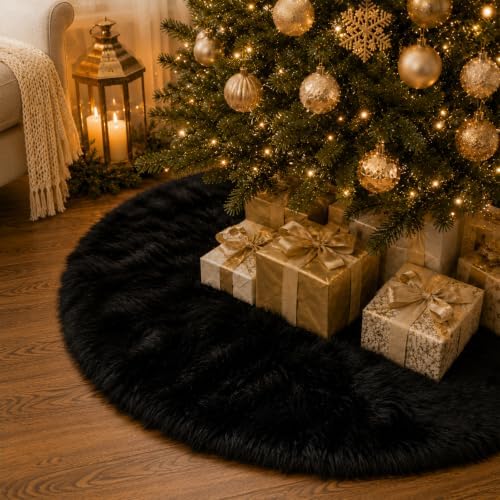 60 Inch Christmas Tree Skirt - Fluffy Faux Fur Black Tree Skirt, Black Plush Xmas Holiday Decor for Parties, Small Round Tree Skirt - Image 3