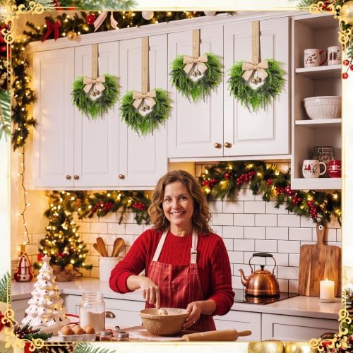 Dingion 4 Pcs 12 Inch Christmas Cabinet Wreaths for Kitchen with Ribbon Bow - Image 3
