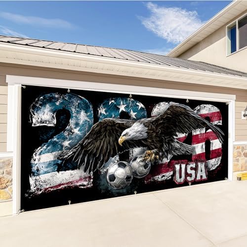 Soccer Garage Door Banner Decorations, 7x16ft Large Ameri can Flag Bald Eagle Football Mural, USA Soccer Cup Outdoor Decor for Double Garage Door, 2026 Tournament Party Supplies Wall Backdrop - Image 3