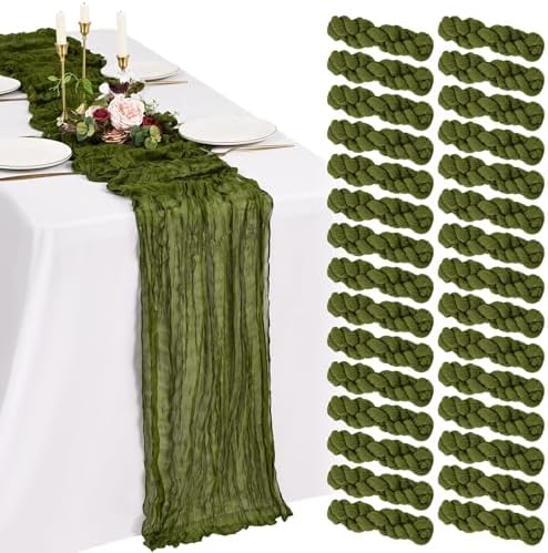 30 Pack Cheesecloth Table Runner 10FT Olive Green Table Runner Boho Gauze Cheese Cloth Table Runners Long Rustic Sheer Table Decorations for Wedding Party Baby Bridal Shower Birthday Holiday Home by Showgeous