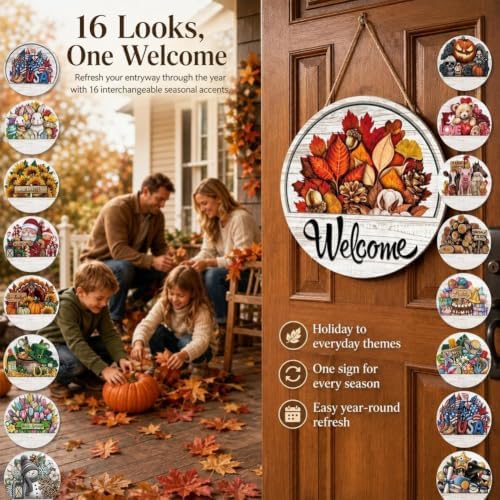 16-in-1 Interchangeable Seasonal Welcome Sign Front Door Porch Home Decor - Image 2