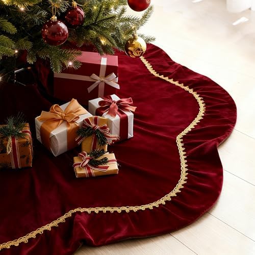 Arrowbash Red 72 Inch Christmas Tree Skirt Velvet Scallop Ddge - Image 2