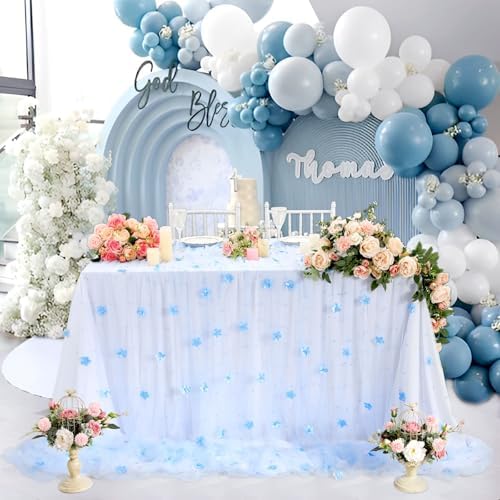 5 Pack Baby Blue Pearl Tulle Tablecloths 10ft Floral Sheer Table Overlays - Image 4