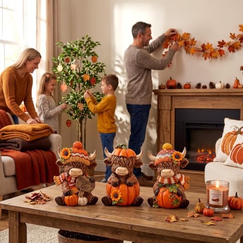 Simgoing 3 Pcs Happy Fall Highland Cow Figurines Pumpkin and Sunflower Cow - Image 5