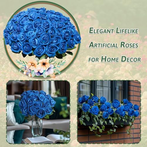 50 PCS Fake Blue Roses, Artificial Blue Flowers, Realistic Silk Faux Roses - Image 4