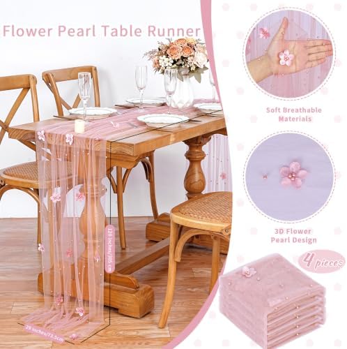 Fanqisi Dusty Rose Pearl Table Runner Floral Tulle Gauze Runner 10FT 4 Pack - Image 3